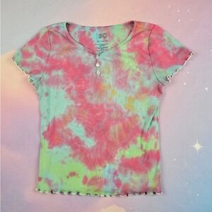 SO Tie Dye Henley Top Girls 14/16 Pink Green Blue Excellent Lettuce Edge Ribbed